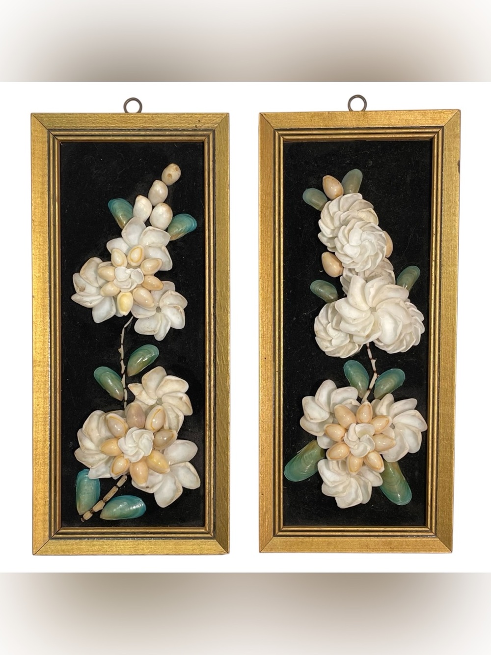 Vintage 1960s Shell Art Intricate Framed Natural Sea Shells Set (2) - Wood Frame